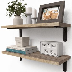 Rustic Wood Floating Shelves Set Of 2 Farmhouse Style <b>Wall</b> Dcor Hanging Shelf For Room - Product Image 1