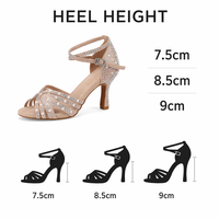 Chaussures de danse latine en satin abricot avec strass, talon carré de 9,5 cm, sandales pour femmes pour la danse de salon