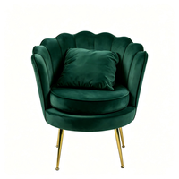 Fauteuil individuel ergonomique en velours vert foncé, fauteuil lounge en forme de coquille de pétale, pieds en métal doré pour réception ou bureau