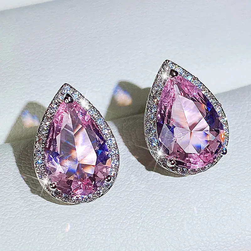 CAOSHI New Arrivals White Gold Plated Pink CZ Cubic Zirconia Crystal Pear Shaped Stud Pierced Earrings for Women Brides