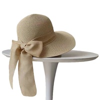 Topi pantai wanita dewasa musim panas, bertepi lebar, anti sinar matahari, dengan pita, dapat dilipat, berbulu