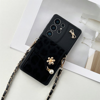 Étui de téléphone porte-cartes motif floral et perles pour Samsung Galaxy S26 Ultra S25 A56, avec motif léopard Y2K et sangle bandoulière