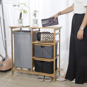 Bamboo <b>Storage</b> Rack <b>3</b> Tier With Laundry <b>Bin</b> For Bedroom Living Room Bathroom Organization - Product Image 2