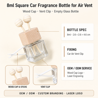 Bouteille de parfum carrée en verre de 8 ml pour grille d'aération de voiture avec bouchon en bois, diffuseur vide à clipser pour l'intérieur de la voiture