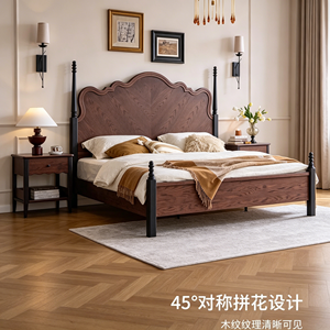 Traditional Oak Wooden <b>Bed</b> Frame <b>Queen</b> <b>Size</b> Box Spring Durable Headboard with Parquet Design - Product Image 4