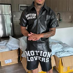 Giacche da <span class=keywords><strong>uomo</strong></span> personalizzate giacca <span class=keywords><strong>Bomber</strong></span> di alta qualità con Zip a maniche corte giacca di pelle e pantaloncini da <span class=keywords><strong>uomo</strong></span> in pelle Set corto - Product Image 4