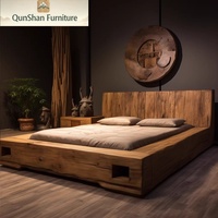 Lit plateforme extensible en bois massif chinois sculpté à la main, style Wabi-Sabi Mid-Century Modern, taille double, mobilier de chambre luxueux