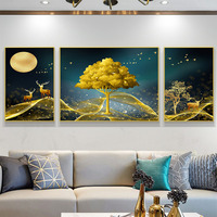 Décoration de salon nordique, peinture murale moderne pour fond de canapé, peinture murale suspendue, triptyque de cerfs orange, art mural