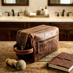 Vintage Genuine Leather Toiletry Bag Medium Size Zipper Closure Soft Handle Durable Cosmetic <b>Case</b> for Travel - Product Image 1