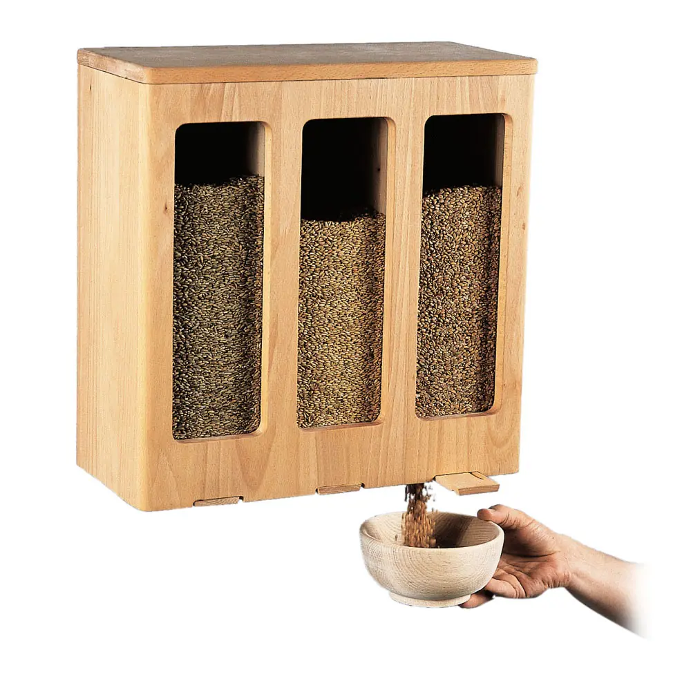 Eco Wooden cereal dispenser container Wall Mount Triple Dry Food Storage Dispenser Rice Dispenser