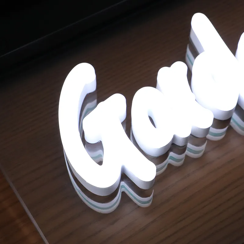Panneau en acrylique à LED personnalisé, lettres de lumière de visage, monté sur verre pour magasin de détail