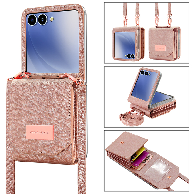 VIETAO Rose Gold Adjustable Crossbody Strap PU Leather Card Holder Wallet Case for Galaxy Z Flip 7/6/5/4/3 PC Mobile Phone