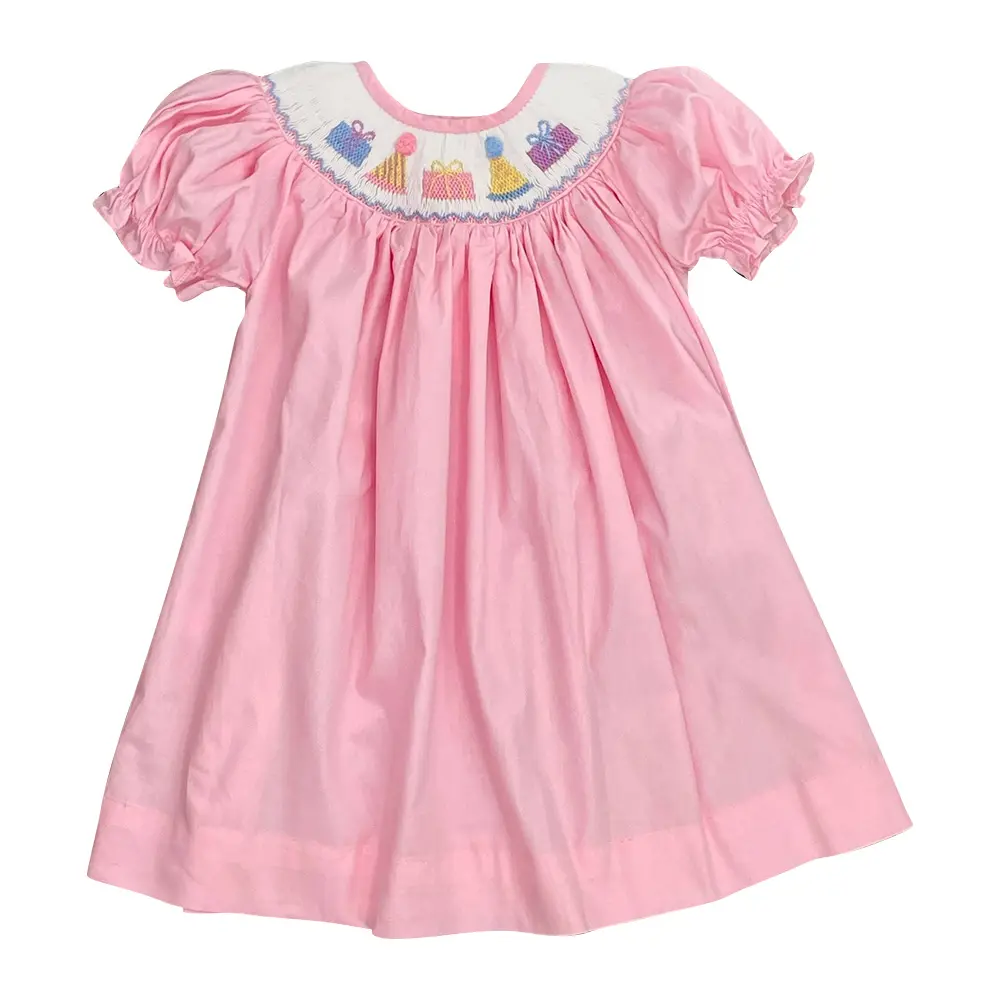 खुश जन्मदिन की पार्टी के कपड़े प्रवृत्ति बच्चे शिशु कपड़े बच्चा Smocked कपास लड़की गुलाबी पोशाक पूर्व आदेश