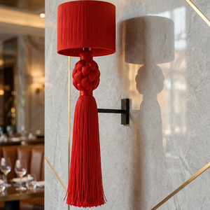 Modern Brown Fabric Cylindrical Shade <b>Wall</b> <b>Sconce</b> with Braided Knot Tassel Iron Bedroom <b>Wall</b> Lamp - Product Image 3