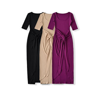 Robe midi moulante élégante pour femme avec ceinture à nouer, col en U, manches mi-longues, côtelée, ourlet fendu, coupe ajustée, pour soirées, fêtes et tenue décontractée quotidienne