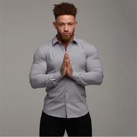 Kaos Olahraga Pria YIYI Berkualitas Tinggi Warna Solid Elastis Tinggi Lengan Panjang Kancing Depan Santai Slim Fit