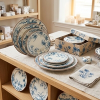 Lot de Plats de Dîner en Céramique en Gros – Assiettes en Porcelaine à Motif Floral Bleu de 6,5, 8, 10,5 et 12 Pouces pour Mariages, Maisons, Cuisines et Restaurants (Vente en Gros)