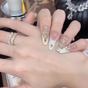 เล็บปลอมสำเร็จรูป [ดอกไม้ไฟหลากสี] งานศิลปะทำมือเคลือบทอง พร้อมดีไซน์แบบฝรั่งเศสแบบโปร่ง และประดับเพชร - Product Image 2