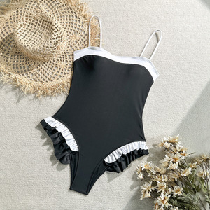Traje de baño monokini con volantes de color contrastante, tirantes finos, tipo bandeau, control de abdomen, corte alto, secado rápido, transpirable, OEM, venta al por mayor, 1 pieza - Product Image 6