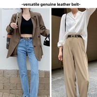 Ceinture en cuir véritable noire pour femme avec boucle rose, accessoire élégant de design tendance