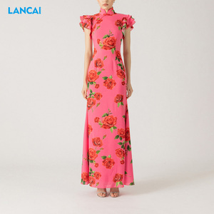 Verano moda cuello redondo sin mangas estampado floral satén Maxi vestido largo - Product Image 1