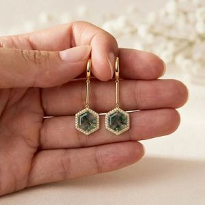 Natural Moss Agate Gemstone <b>Earrings</b> Hexagon Cut <b>Dangle</b> <b>Earrings</b> with Cubic Zirconia Accent in Sterling Silver or 18K <b>Gold</b> - Product Image 6