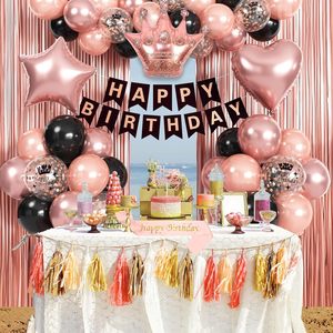 Kit d'arche de ballons en latex or rose avec couronne en feuille d'aluminium et bannière en papier Joyeux Anniversaire et rideau en feuille d'aluminium de 1*2m pour la décoration de fête - Product Image 4