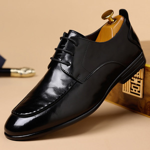 Chaussures habillées en cuir à bout pointu pour hommes, noires, à lacets, décontractées, pour affaires et mariages, épaisseur standard, couleur unie, lacets avant - Product Image 1
