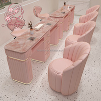 Ensemble de table de manucure double de luxe avec plateau en marbre, éclairage, collecteur de poussière et rangement pour poste de travail de salon de manucure