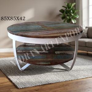 Table basse industrielle antique réglable à double plateau en fer et métal pour salon domestique - Product Image 3