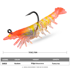 Leurre souple bionique en silicone 6 couleurs 7cm 9.8g en forme de crevette avec tête plombée et hameçon tranchant pour la pêche au bar, à la truite, au redfish et au snook en eau peu profonde - Product Image 2