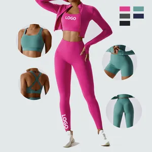 Conjunto de 3 peças de sutiã activewear com zíper, top leggings sem costura esportes fitness treino academia roupas com buraco de polegar