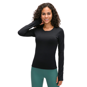 Logotipo personalizado Color sólido <span class=keywords><strong>Thumble</strong></span> agujero camisas de manga larga ropa de gimnasio en blanco mujeres gimnasio camisa con sujetador construido en el interior - Product Image 1