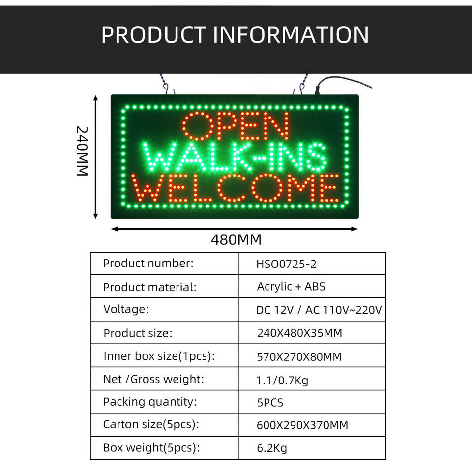 Walk Sign Led 9*19 Inch LED OPEN WALK-INS WELCOME Sign - High Brightness