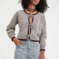 Cardigan en maille de haute qualité pour femme, à nouer devant, col rond, bordure contrastante, manches bouffantes, mélange de laine, veste ouverte, couleur avoine