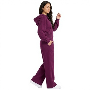Women's Solid <b>Purple</b> <b>Cropped</b> Zip-Up Hoodie & High-Waist Jogger Pants Tracksuit Set 100% Cotton Casual Lounge Wear - Product Image 5