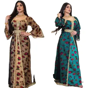 Vendite calde modesto scollo a barca floreale ricamato manica lunga svasata marocchino in tessuto Kaftan Abaya abito lungo abito caftano Jilbab