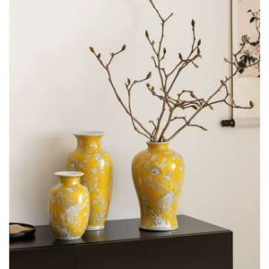 مزهرية سيراميك كلاسيكية صفراء مرسومة يدويًا تصميم فن الانصهار الصيني-الأمريكية للمداخل وديكور الطاولة الفاخر - Product Image 4
