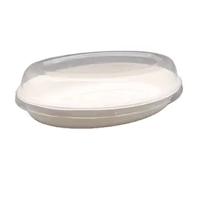 Bitki Fiber Bagasse yemek 26 oz Oval kase ile Pet kapak tek kullanımlık kek çanak yiyecek kasesi sofra seti bölmesi ile