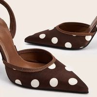 Chaussures à talons pour femme, tendance, rouges et blanches à pois, avec nœud en satin, bride cheville, slingback, bout pointu, talons aiguilles