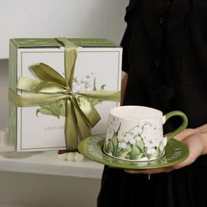 Ensemble tasse et soucoupe à café en céramique peintes à la main, tasse à latte de niche, ensemble de tasses exquises pour le thé de l'après-midi - Product Image 5