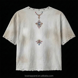 Camiseta OEM personalizada extragrande de corte holgado, estilo vintage, con hombros caídos, lavado ácido y estampado DTG con pedrería y efecto desgastado - Product Image 2