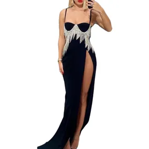 Custom Metal Tassel Sleeveless Sun Dress Black Solid Hollow Waist Sexy Prom Split Evening Maxi Dress Women Elegant