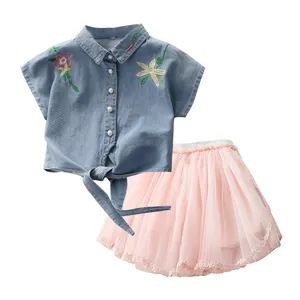 Ready Made Kids Kleid Sommer Casual Kids Dress Sets Mini Tutu Rock Kinder Mini kleid mit Denim Top