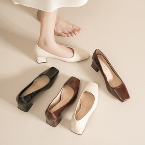 5688A Square Toe Pumps Medium <b>Block</b> Heel Genuine Leather <b>Rubber</b> Outsole Anti Slip Office Shoes For Women - Product Image 2