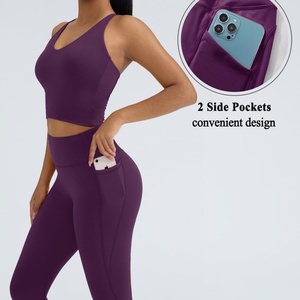 2-Piece Solid Workout Sets for Women with High Elastic Waist <b>Padded</b> Tops & Booty Leggings Featuring Pockets - Product Image 4