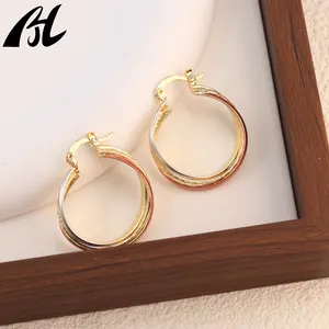 Top Sale Fashion Women Jewelry Twisted Hoop Earrings 14K Tri-Tone Gold Triple Row Oval Hoop Earrings