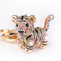 Porte-clés 3D en métal motif petit tigre brillant avec diamants, accessoire de mode pour sacs et voitures, cadeau pour femmes