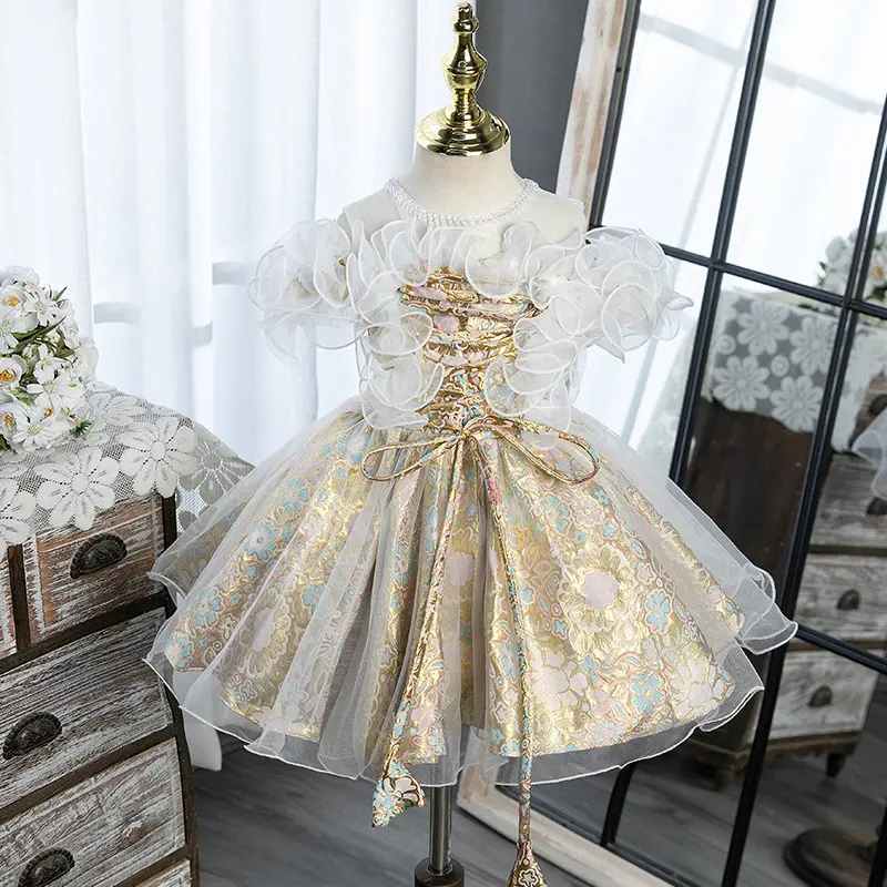子供用1歳ドレススカート2023新製品パフスカートラウンドネックガールズラグジュアリープリンセスドレス