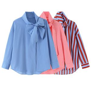 Camicia da donna a maniche lunghe a righe con fiocco decorativo, stile retrò, elegante e casual, nuova collezione 2026. - Product Image 1